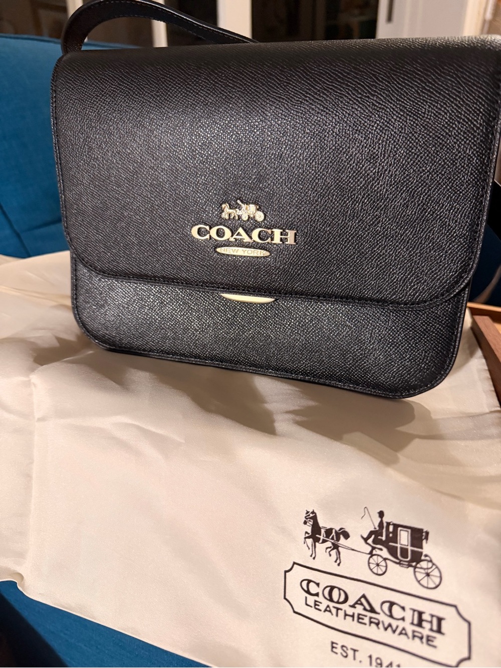 Authentic Coach Brynn Double Strap Structured Flap Bag Black Leather 9 inch